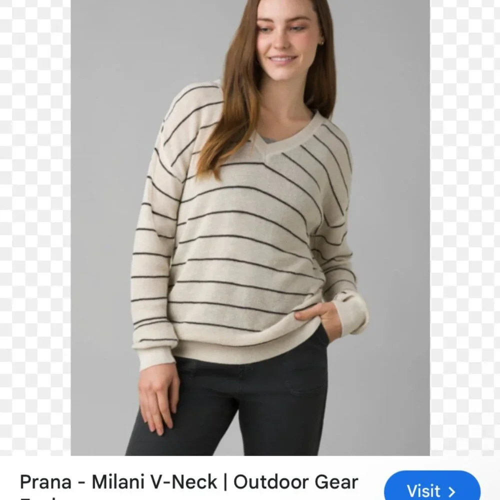 prAna Milani V-Neck Sweater Oatmeal / black strip, Size Medium organic cotton